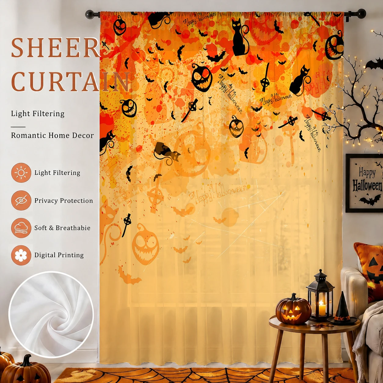 Curtain Sheer Voile - 1Pc Spooky Halloween Sheer Curtain Rod
