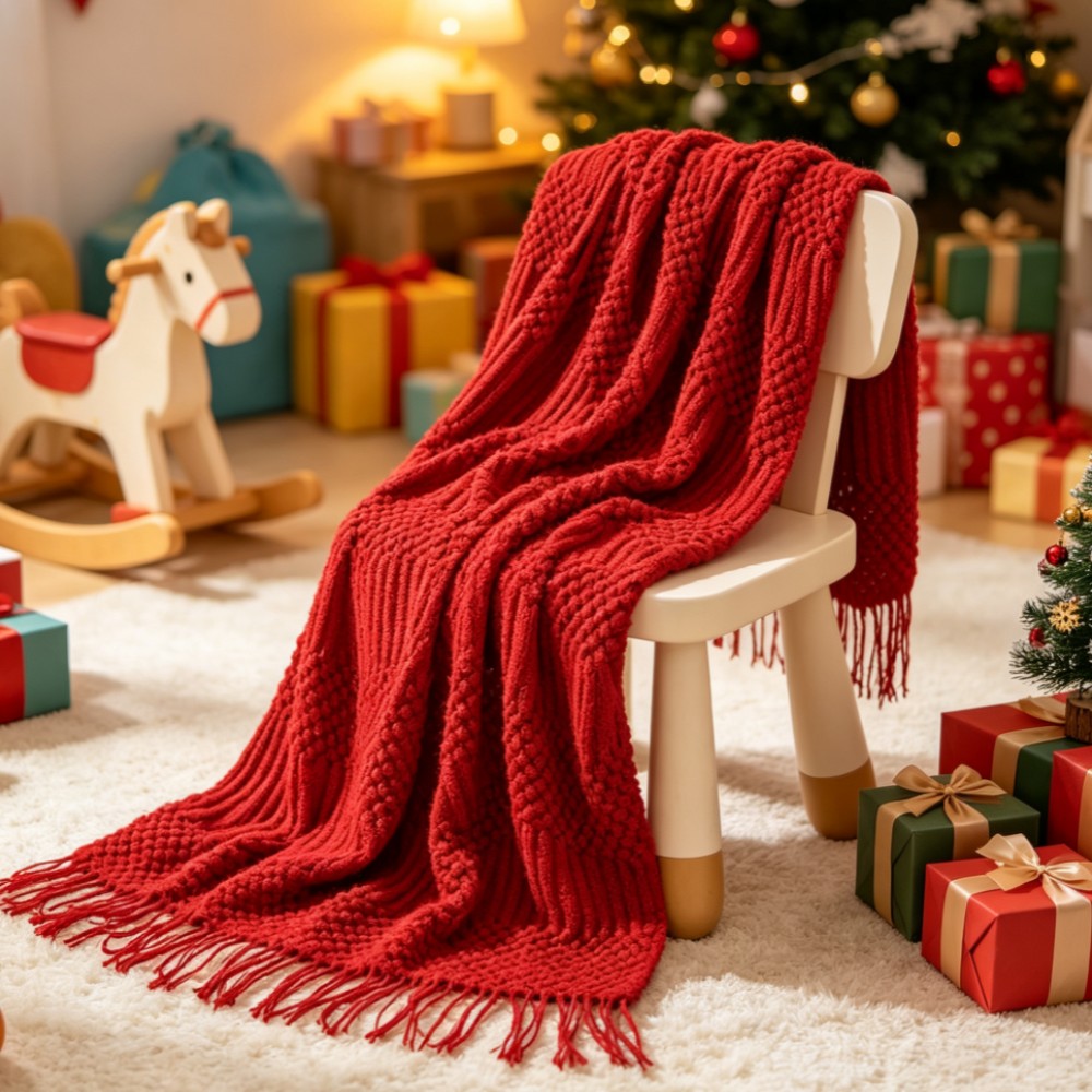 Throw Blanket Chunky Knit - Red Boho Chunky Knitted Throw Blanket