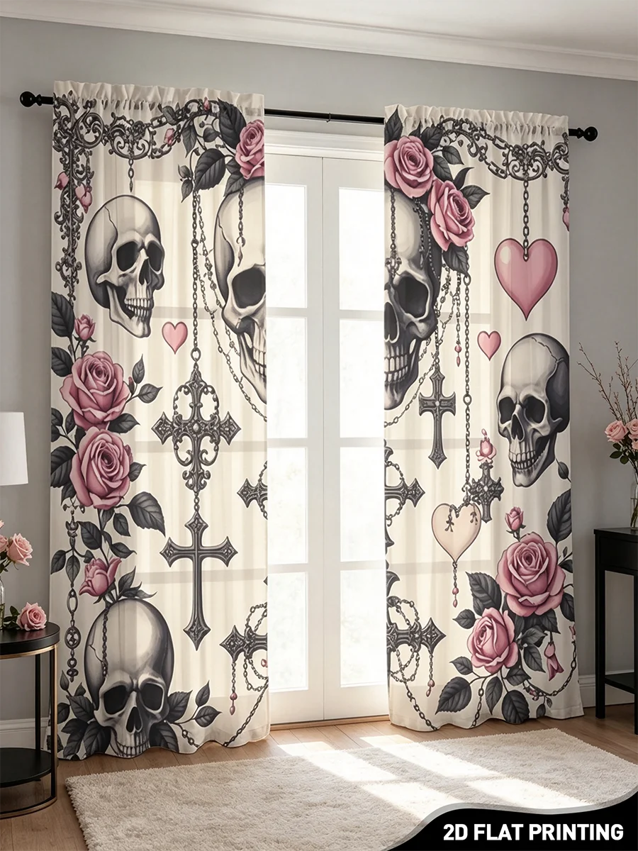 Curtain Sheer Voile - 2PCS Digital Print Sheer Curtain, Rose