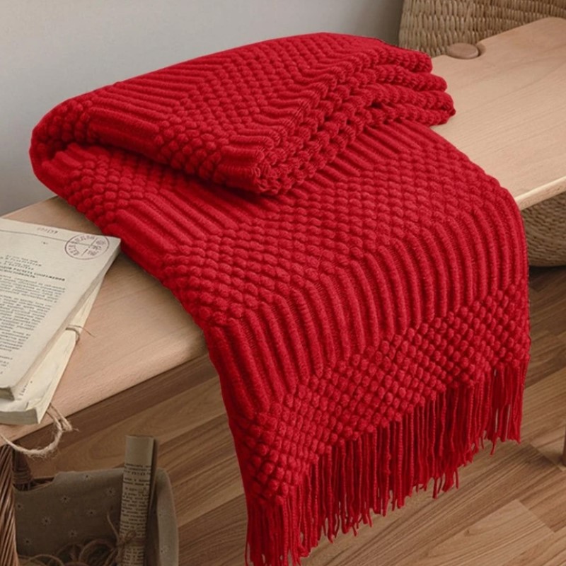 Red Boho Chunky Knitted Throw  - đánh giá và giá Throw Blanket Chunky Knit